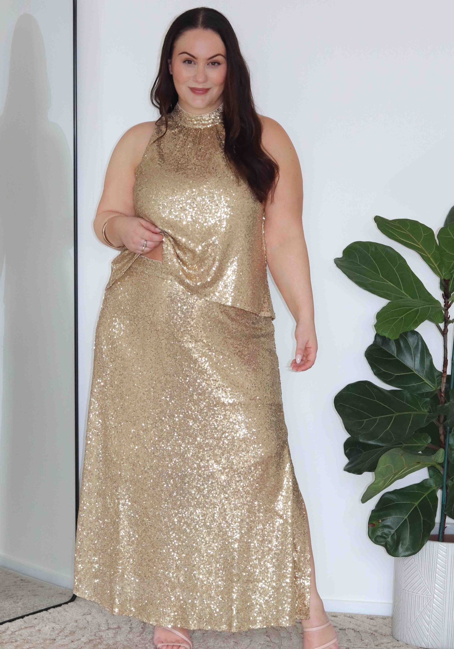 Golden Empire Sequin Maxi Skirt by Three of Something