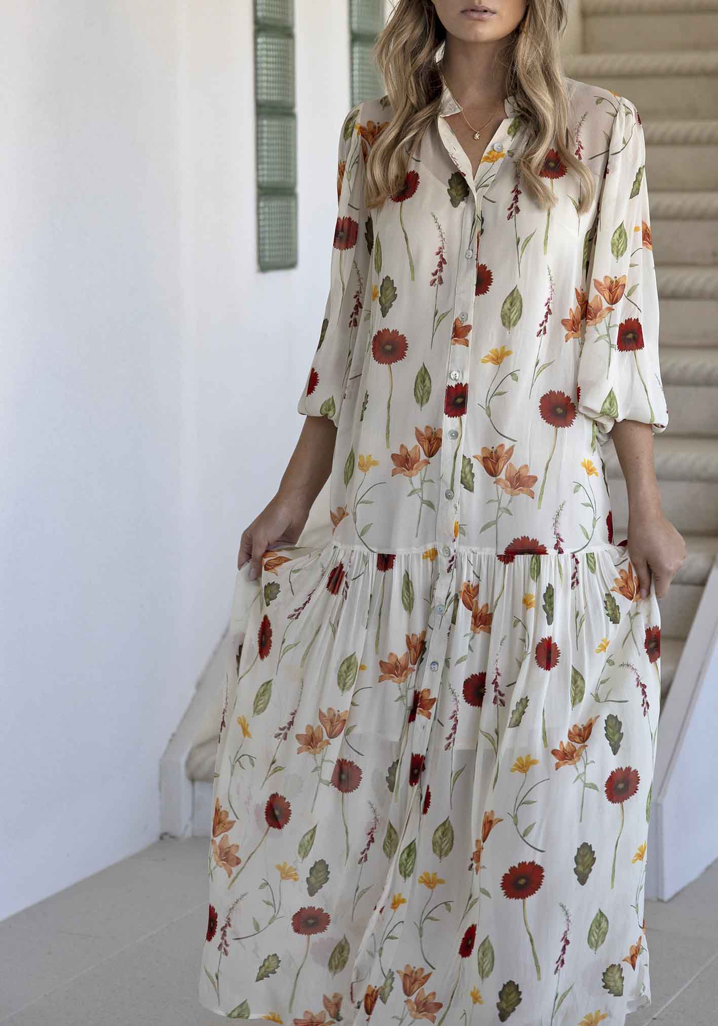 Perennial Floral Sleeve Button Through Maxi Dress