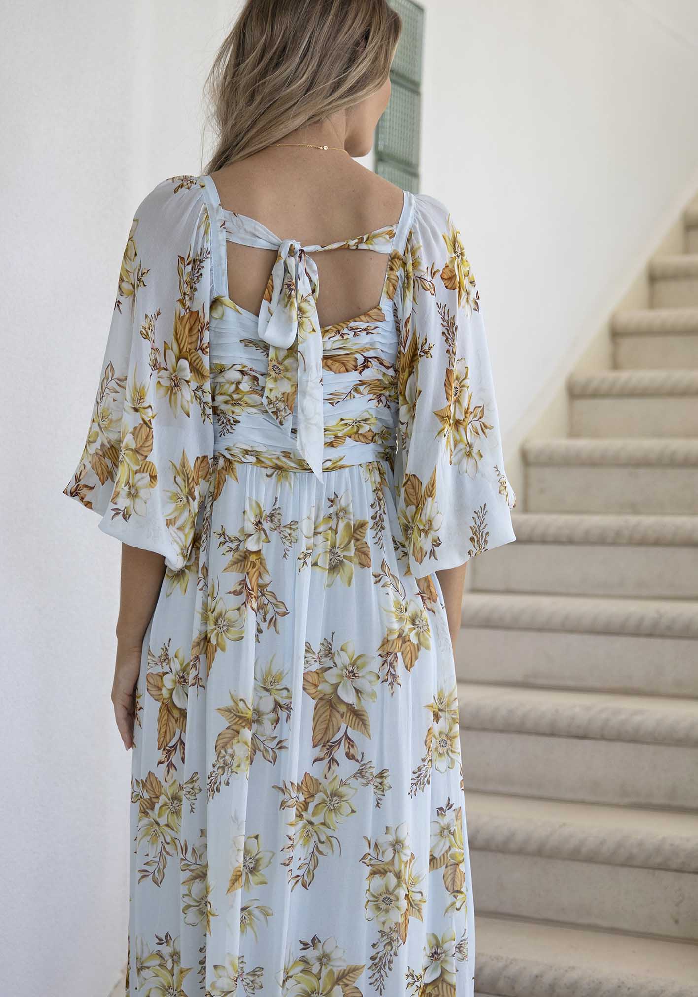 Illustration Floral Sleeve Maxi Dress