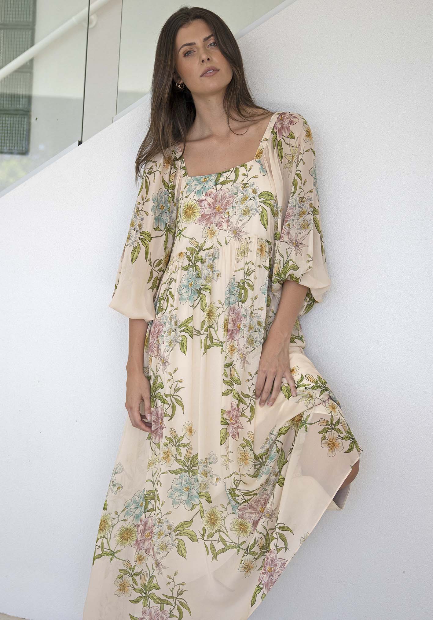 Momento Cream Floral Square Neck Maxi Dress