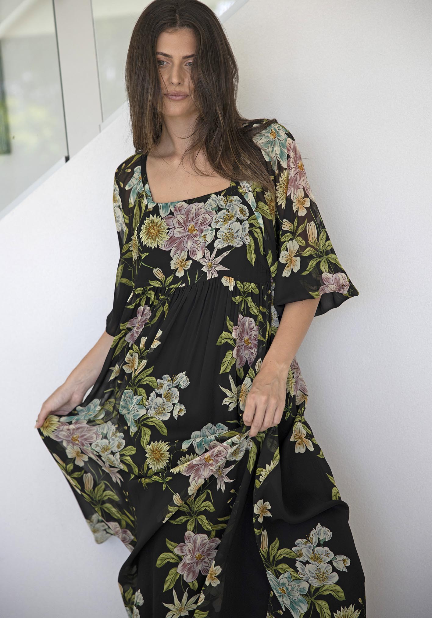 Night Garden Black Floral Square Neck Maxi Dress