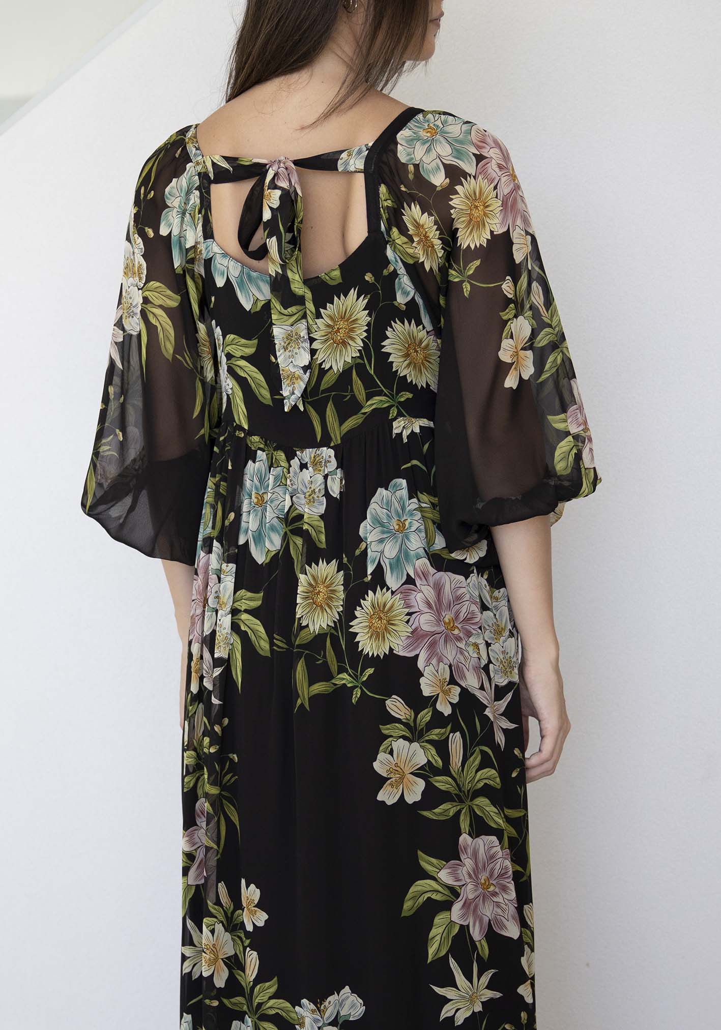 Night Garden Black Floral Square Neck Maxi Dress