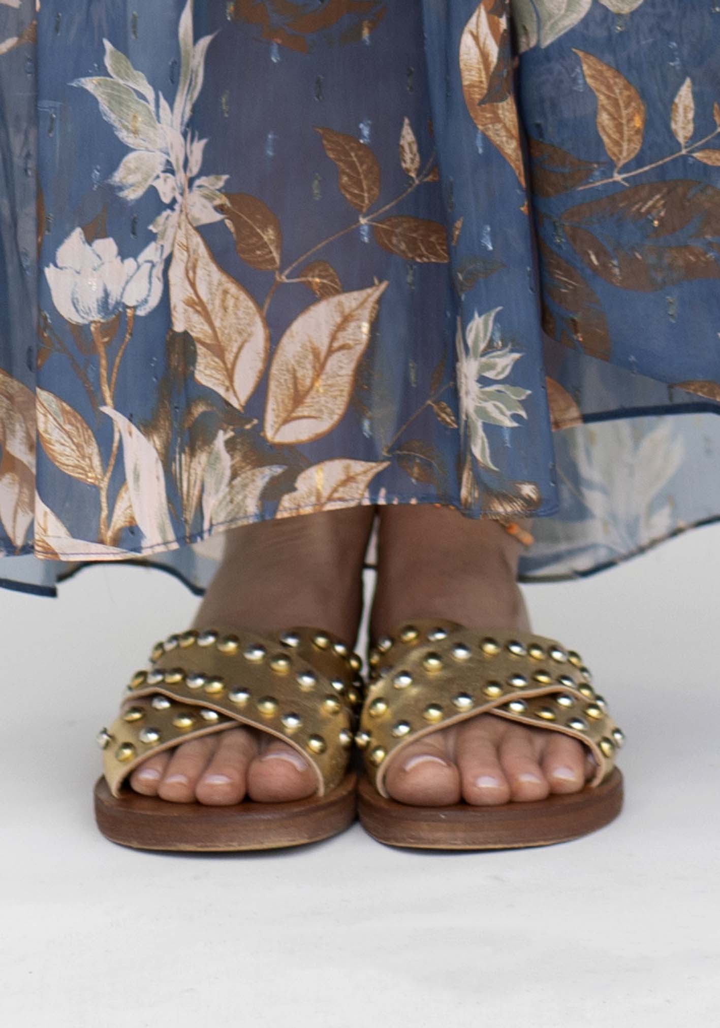 Tribal Gold Stud Leather Slides
