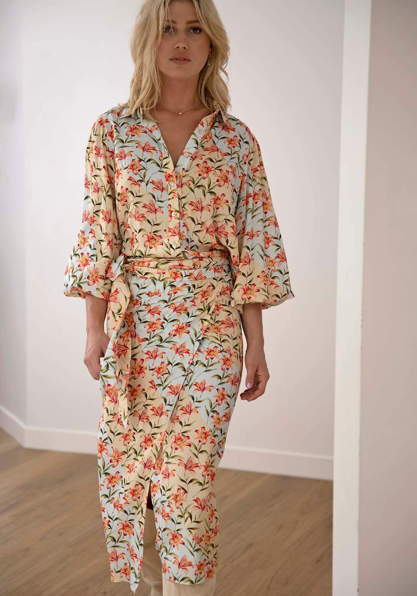 Waterlily Spliced Floral midi wrap skirt + blouse