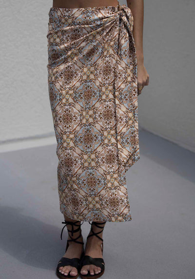 Alexandra Scarf Print Linen Midi Wrap Skirt