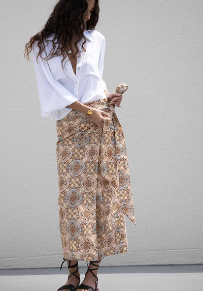 Alexandra Scarf Print Linen Midi Wrap Skirt