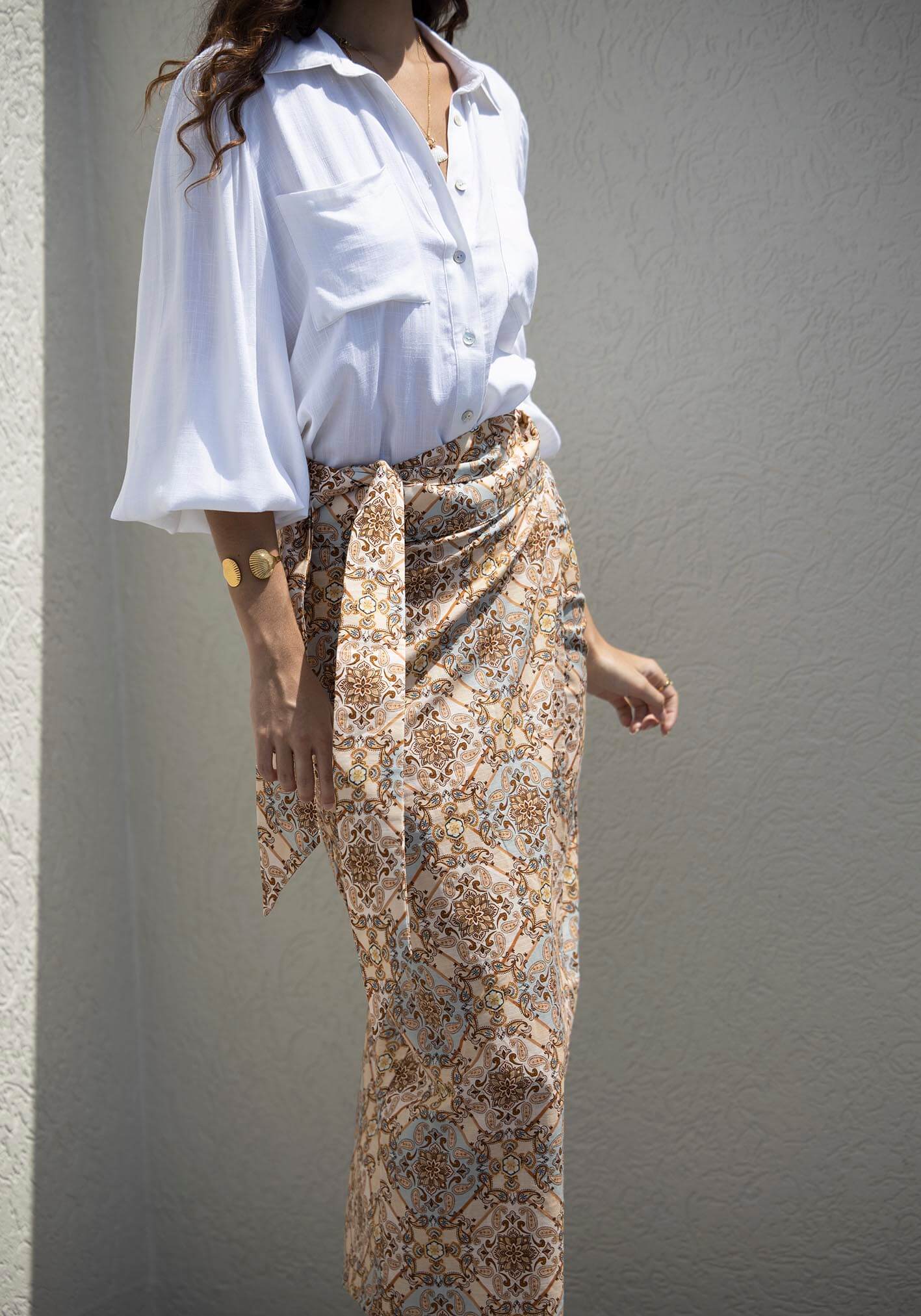 Alexandra Scarf Print Midi Wrap Skirt + Sydney White Linen Blouse