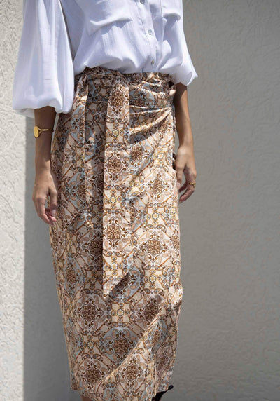 Alexandra Scarf Print Midi Wrap Skirt + Sydney White Linen Blouse