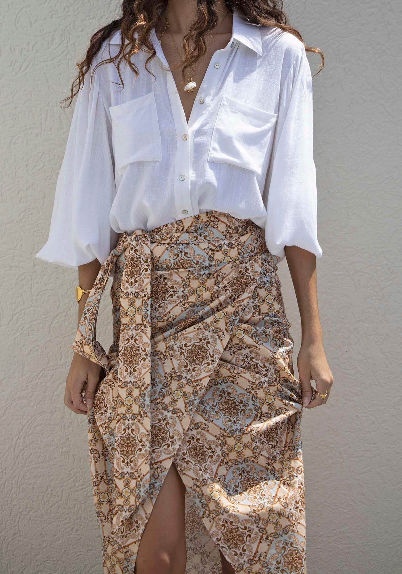 Alexandra Scarf Print Midi Wrap Skirt + Sydney White Linen Blouse