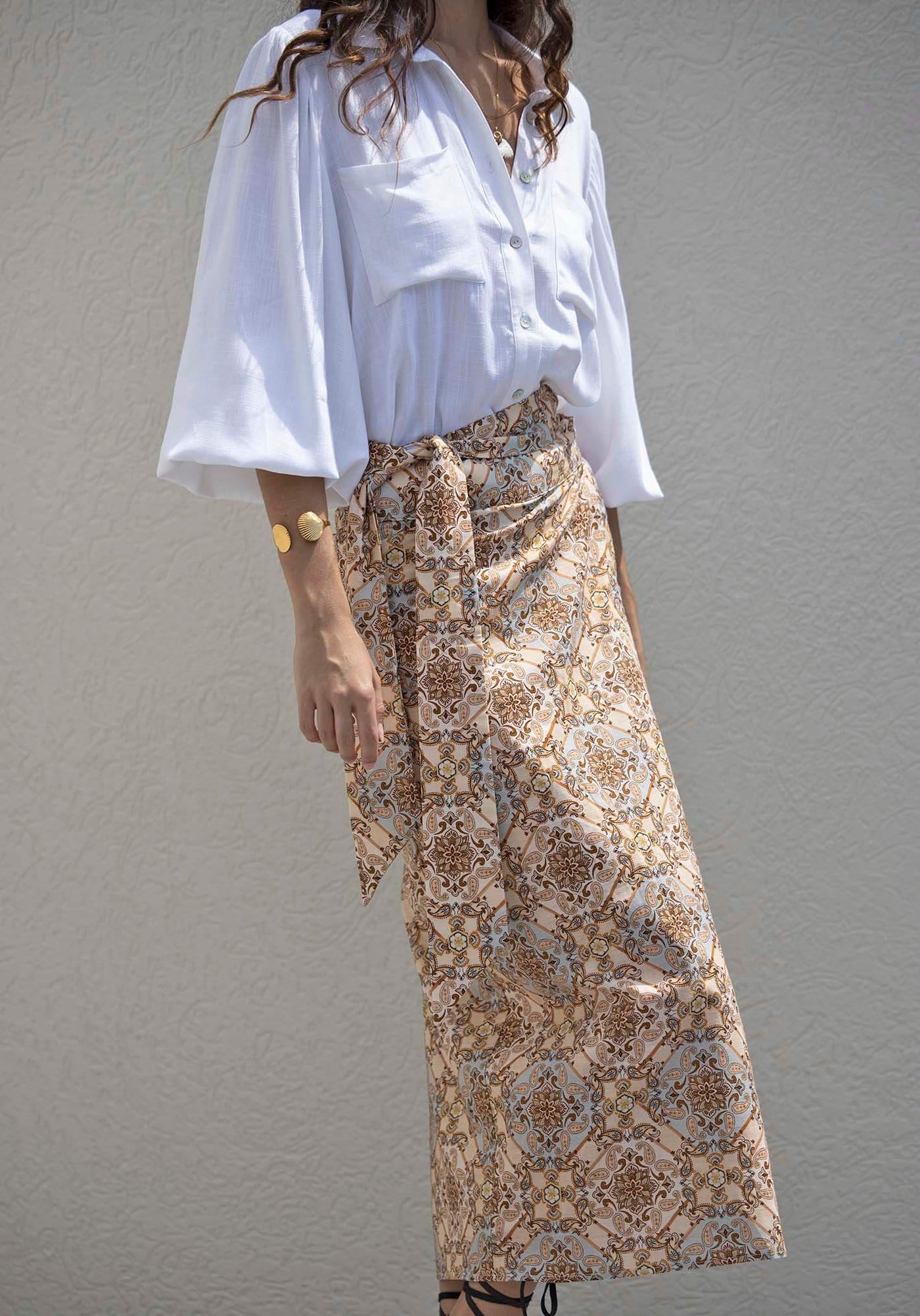 Alexandra Scarf Print Midi Wrap Skirt + Sydney White Linen Blouse