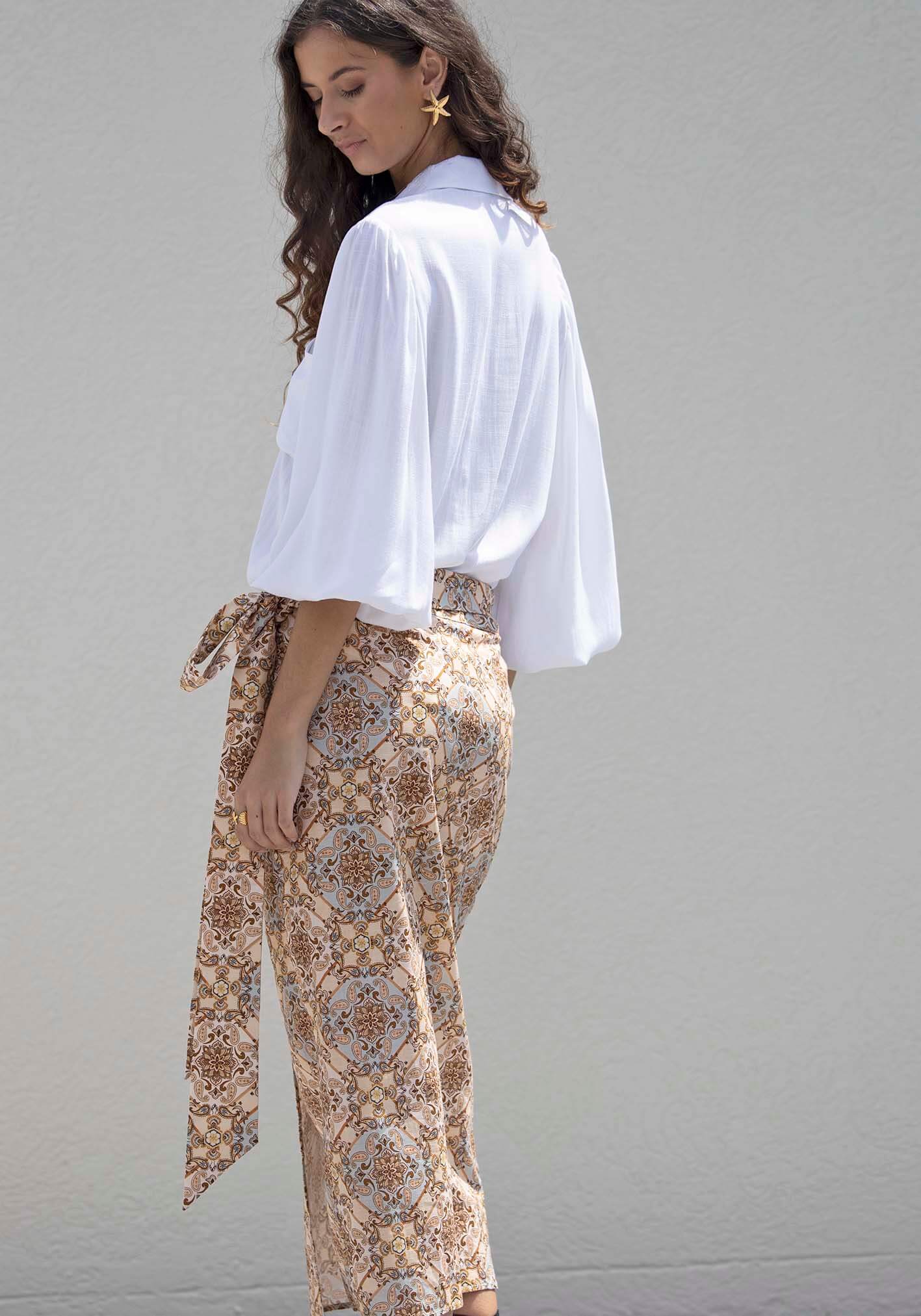 Alexandra Scarf Print Midi Wrap Skirt + Sydney White Linen Blouse