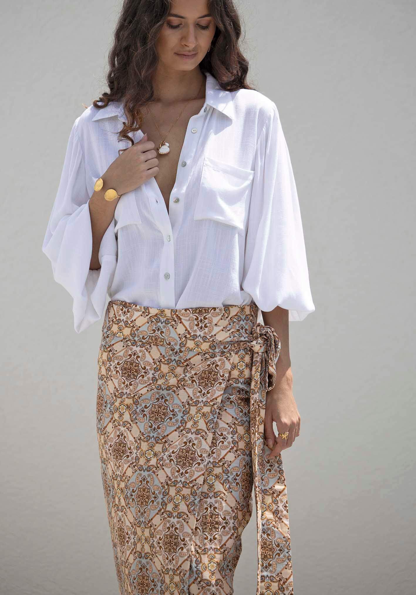 Alexandra Scarf Print Midi Wrap Skirt + Sydney White Linen Blouse