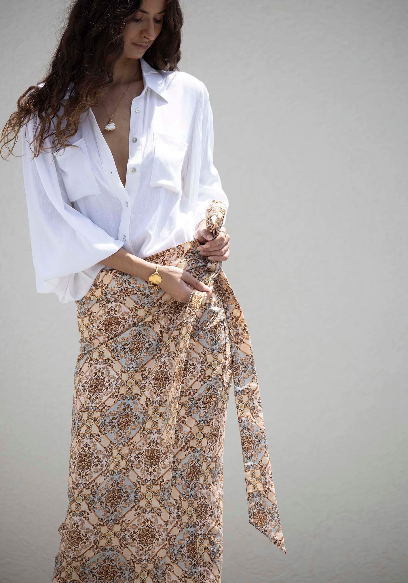 Alexandra Scarf Print Midi Wrap Skirt + Sydney White Linen Blouse