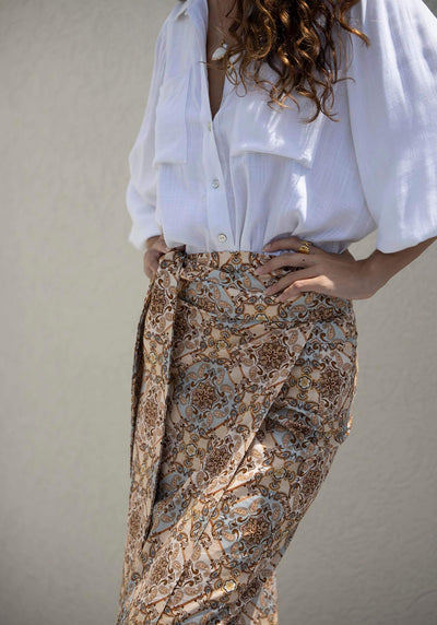 Alexandra Scarf Print Midi Wrap Skirt + Sydney White Linen Blouse