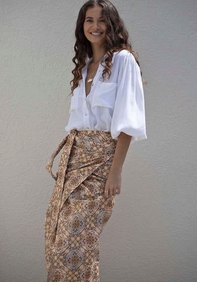 Alexandra Scarf Print Midi Wrap Skirt + Sydney White Linen Blouse