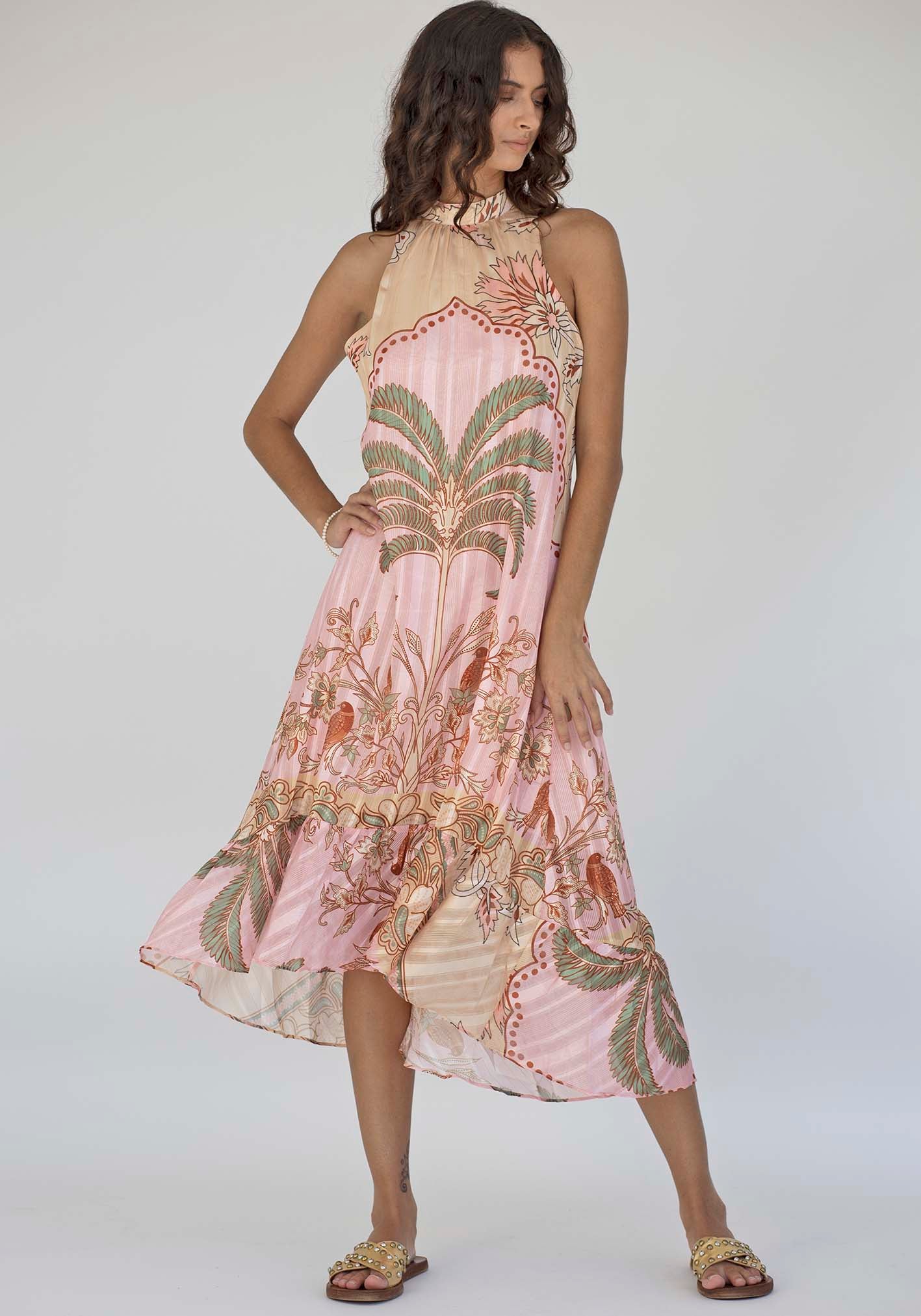 TROPICAL PICNIC MOTIF SLEEVELESS CORSET MIDI DRESS
