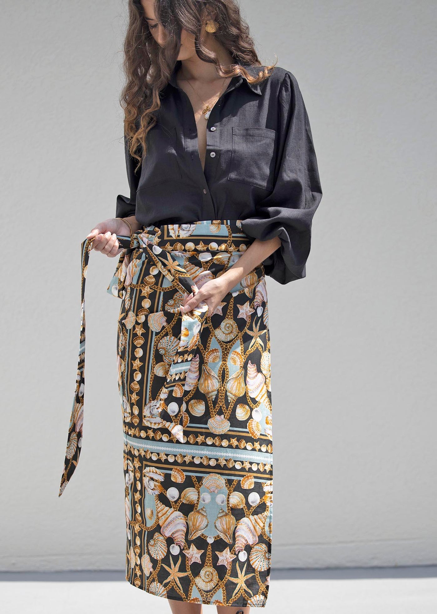 Dark Treasure Linen Midi wrap skirt + Sydney Black Linen Blouse