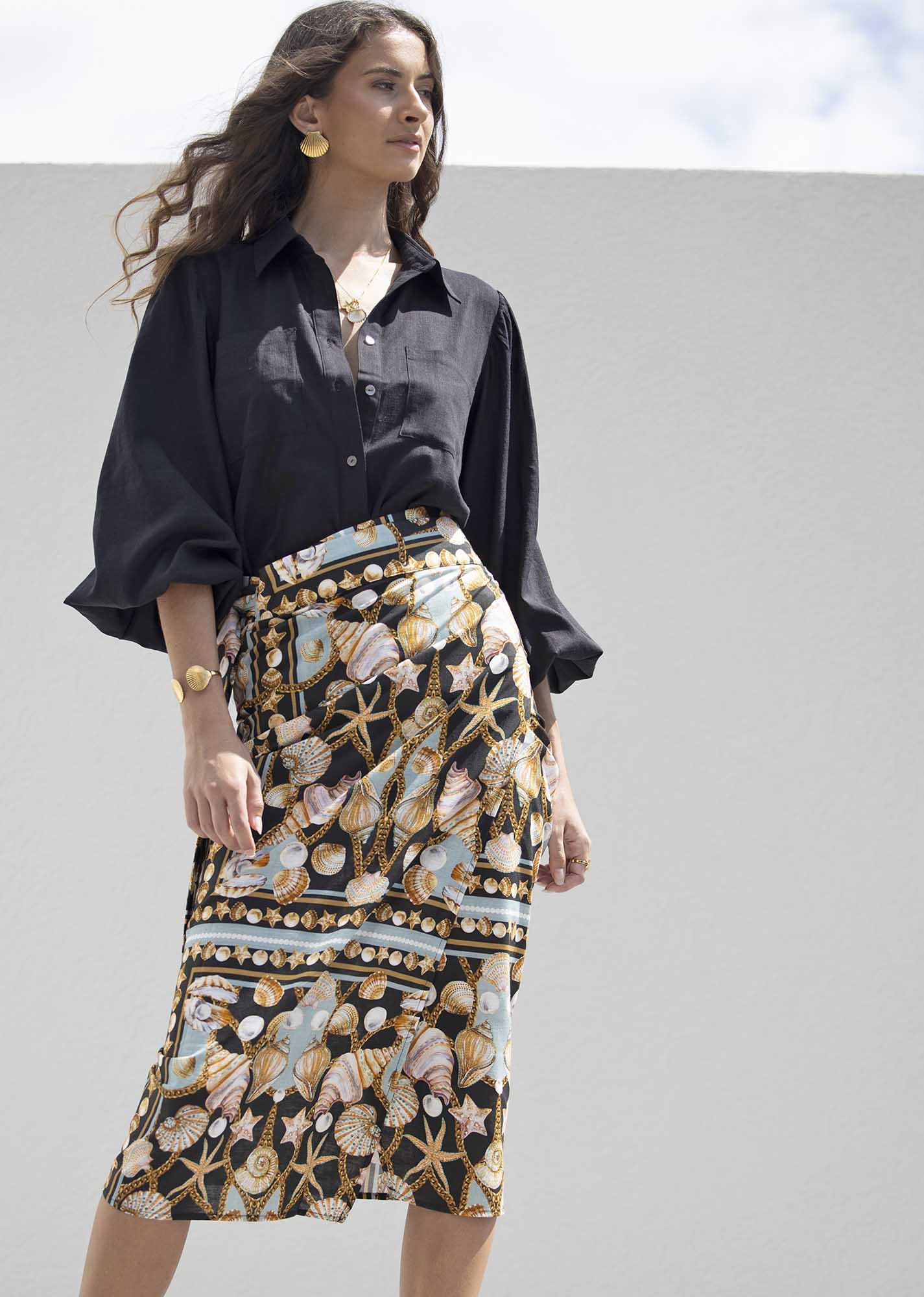 Dark Treasure Linen Midi wrap skirt + Sydney Black Linen Blouse