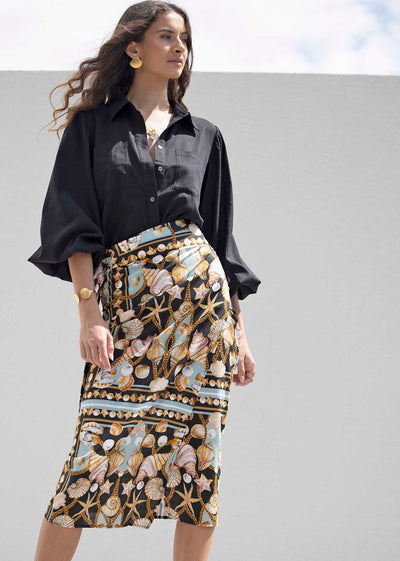 Dark Treasure Linen Midi wrap skirt + Sydney Black Linen Blouse