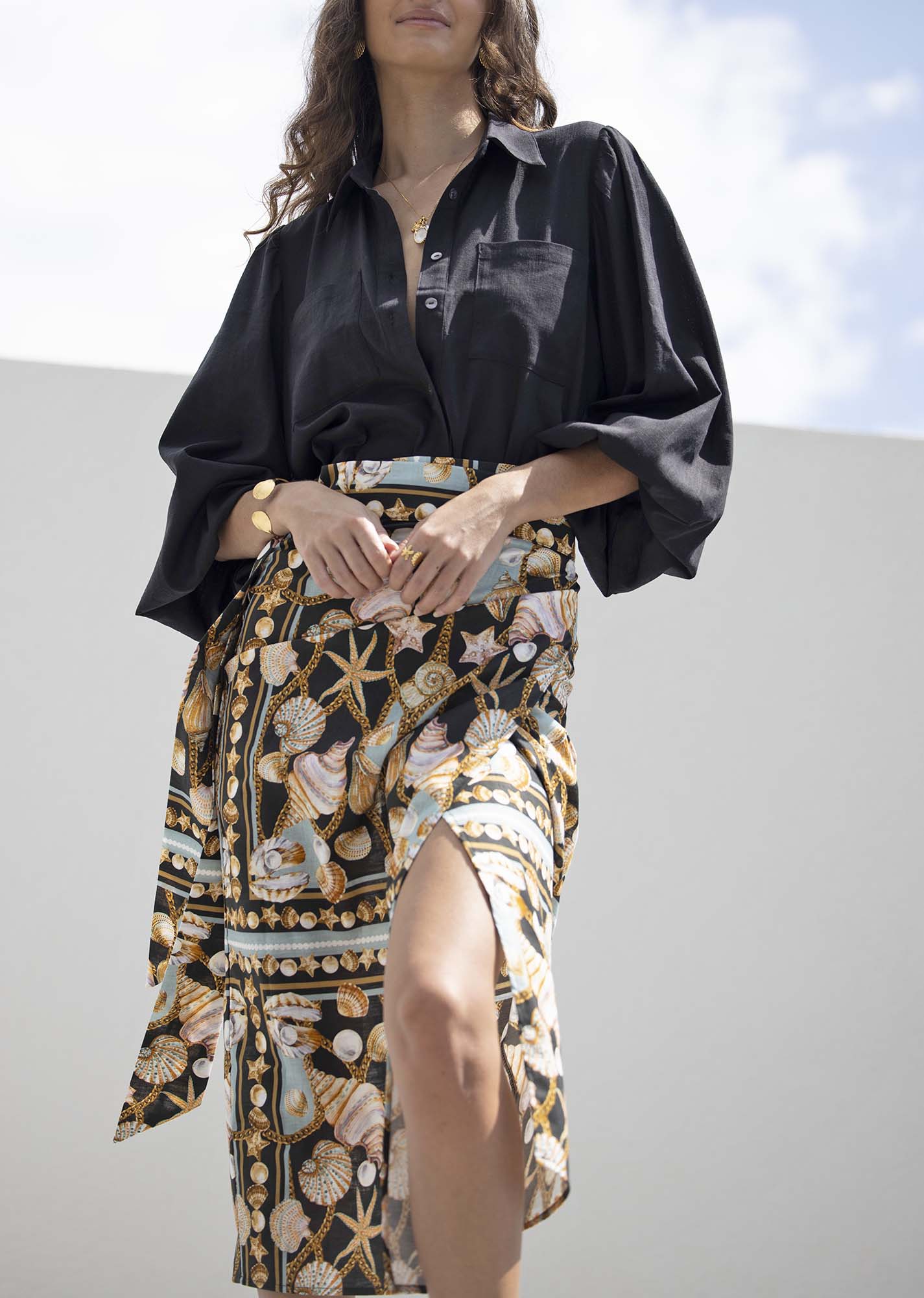 Dark Treasure Linen Midi wrap skirt + Sydney Black Linen Blouse