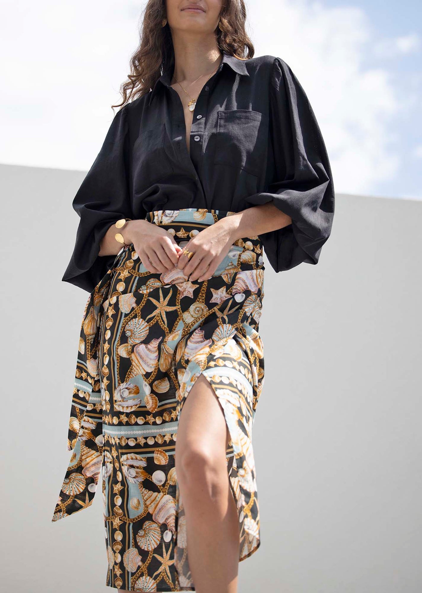 Dark Treasure Linen Midi wrap skirt + Sydney Black Linen Blouse