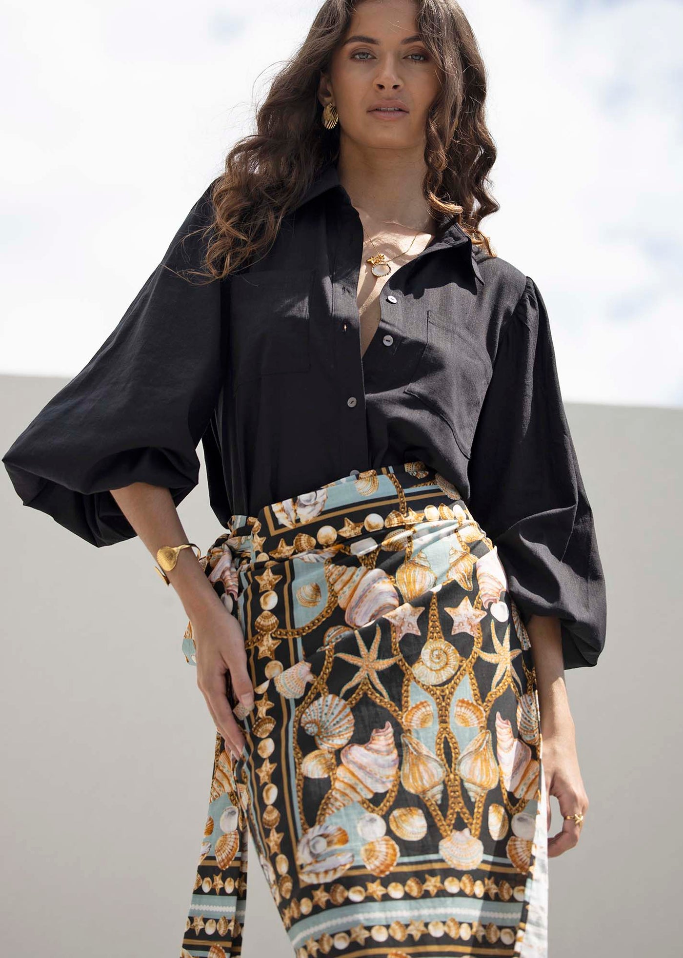 Dark Treasure Linen Midi wrap skirt + Sydney Black Linen Blouse