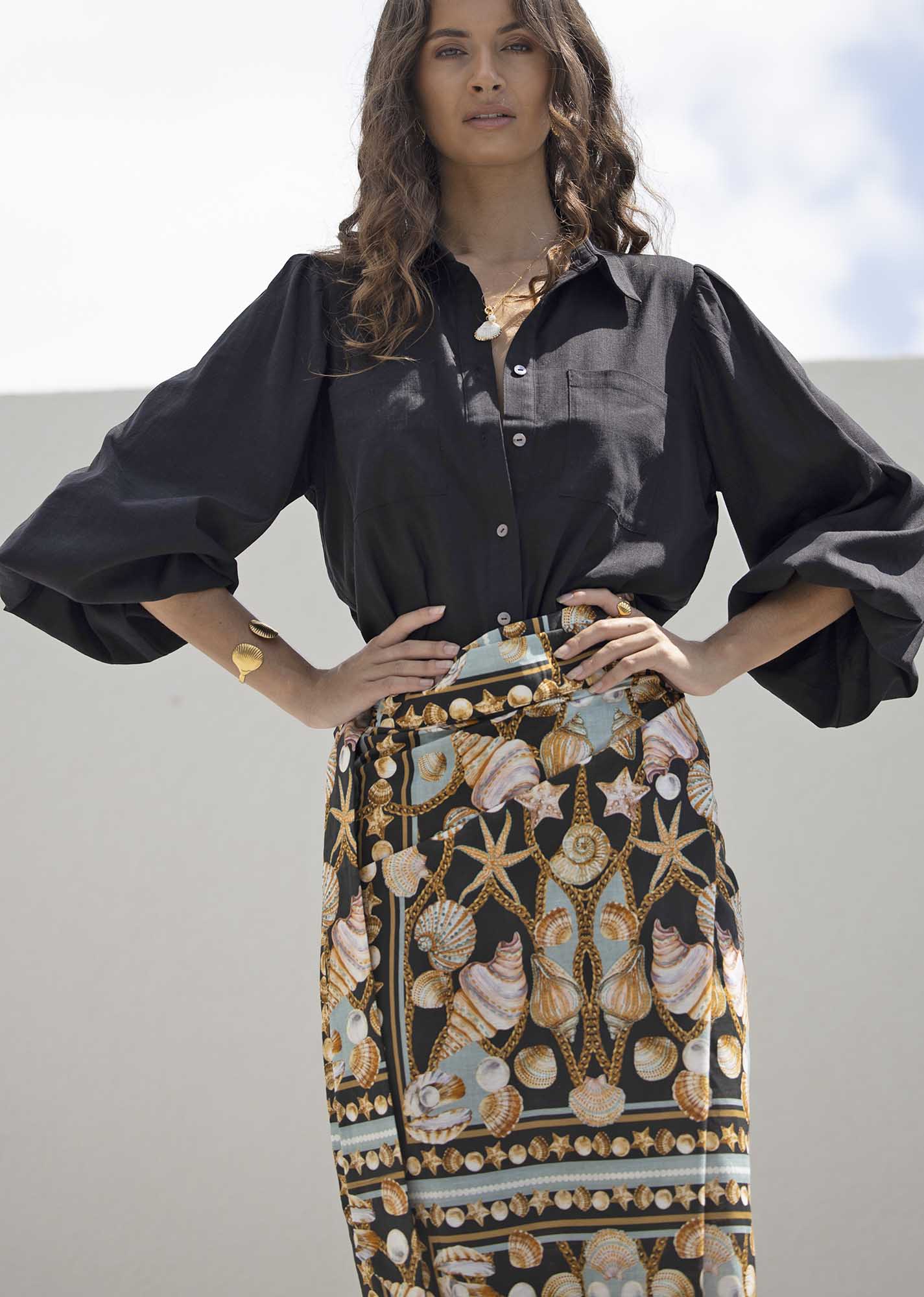 Dark Treasure Linen Midi wrap skirt + Sydney Black Linen Blouse