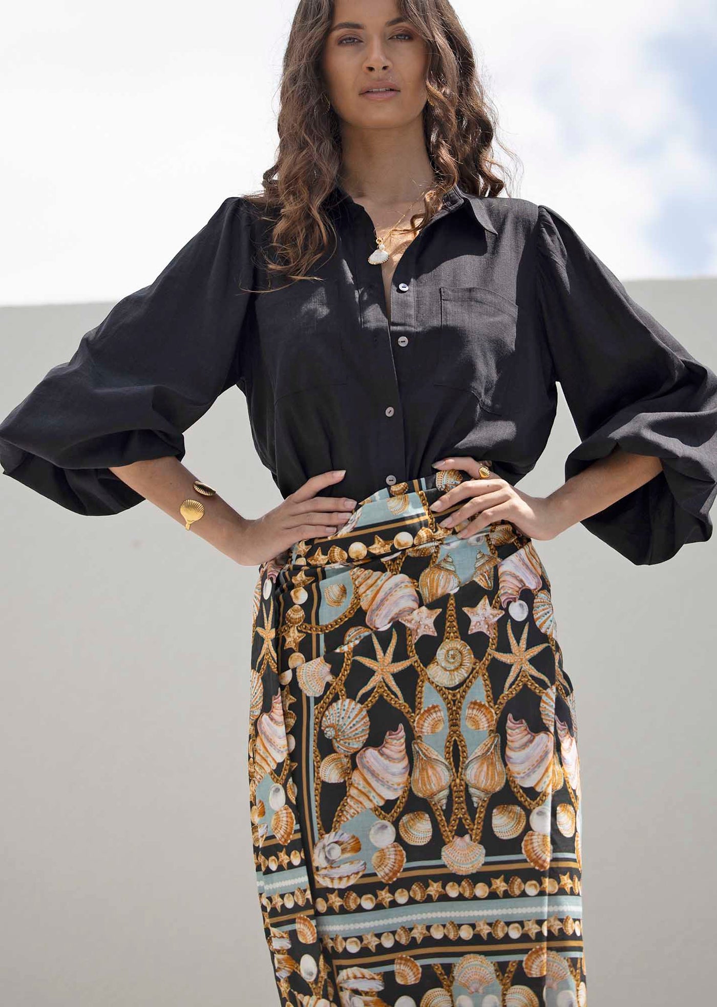 Dark Treasure Linen Midi wrap skirt + Sydney Black Linen Blouse