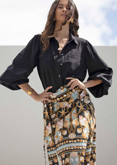 Dark Treasure Linen Midi wrap skirt + Sydney Black Linen Blouse