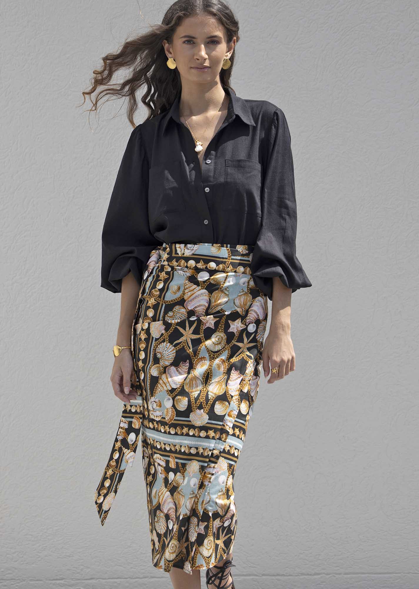 Dark Treasure Linen Midi wrap skirt + Sydney Black Linen Blouse