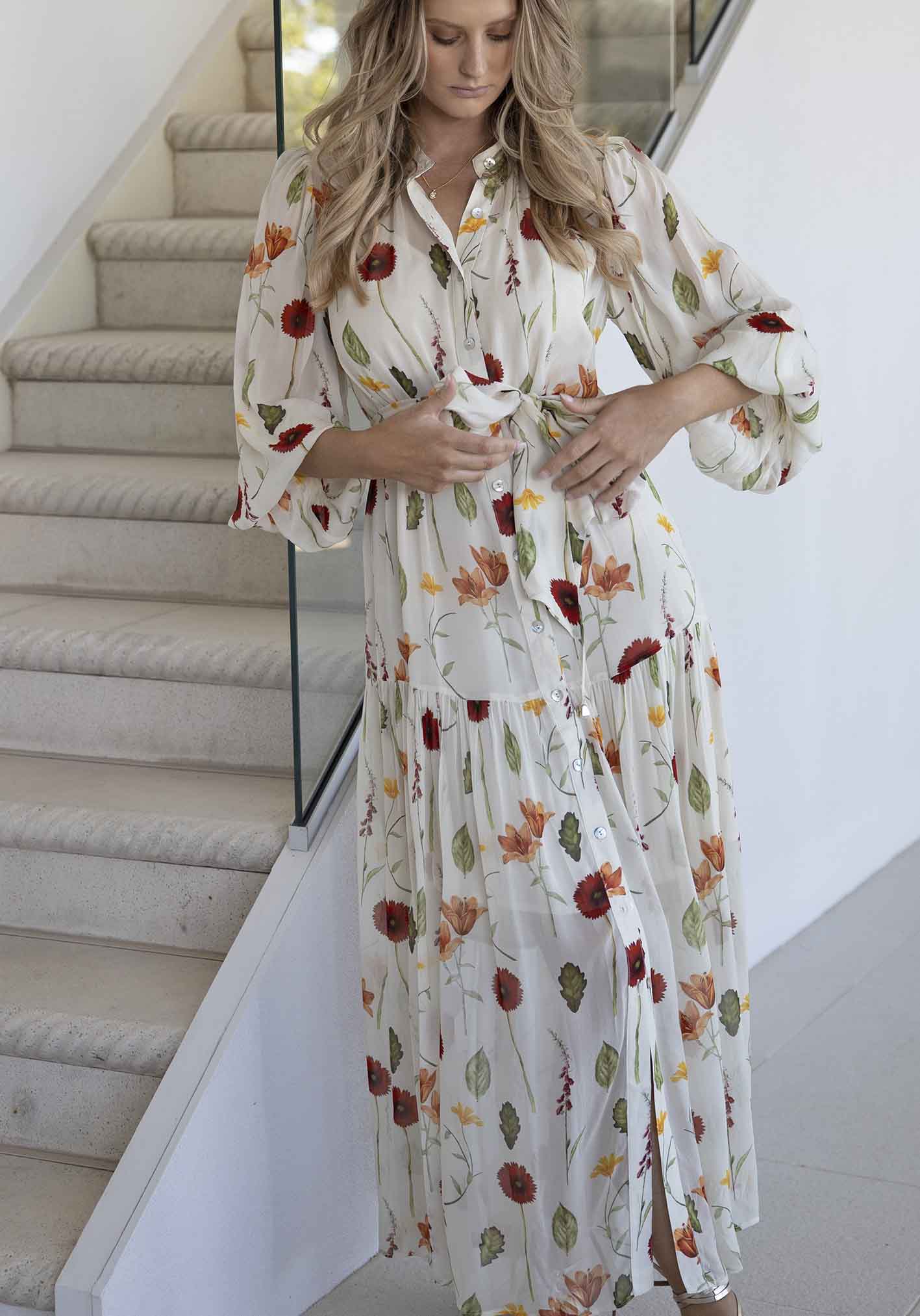 Perennial Floral Sleeve Button Through Maxi Dress