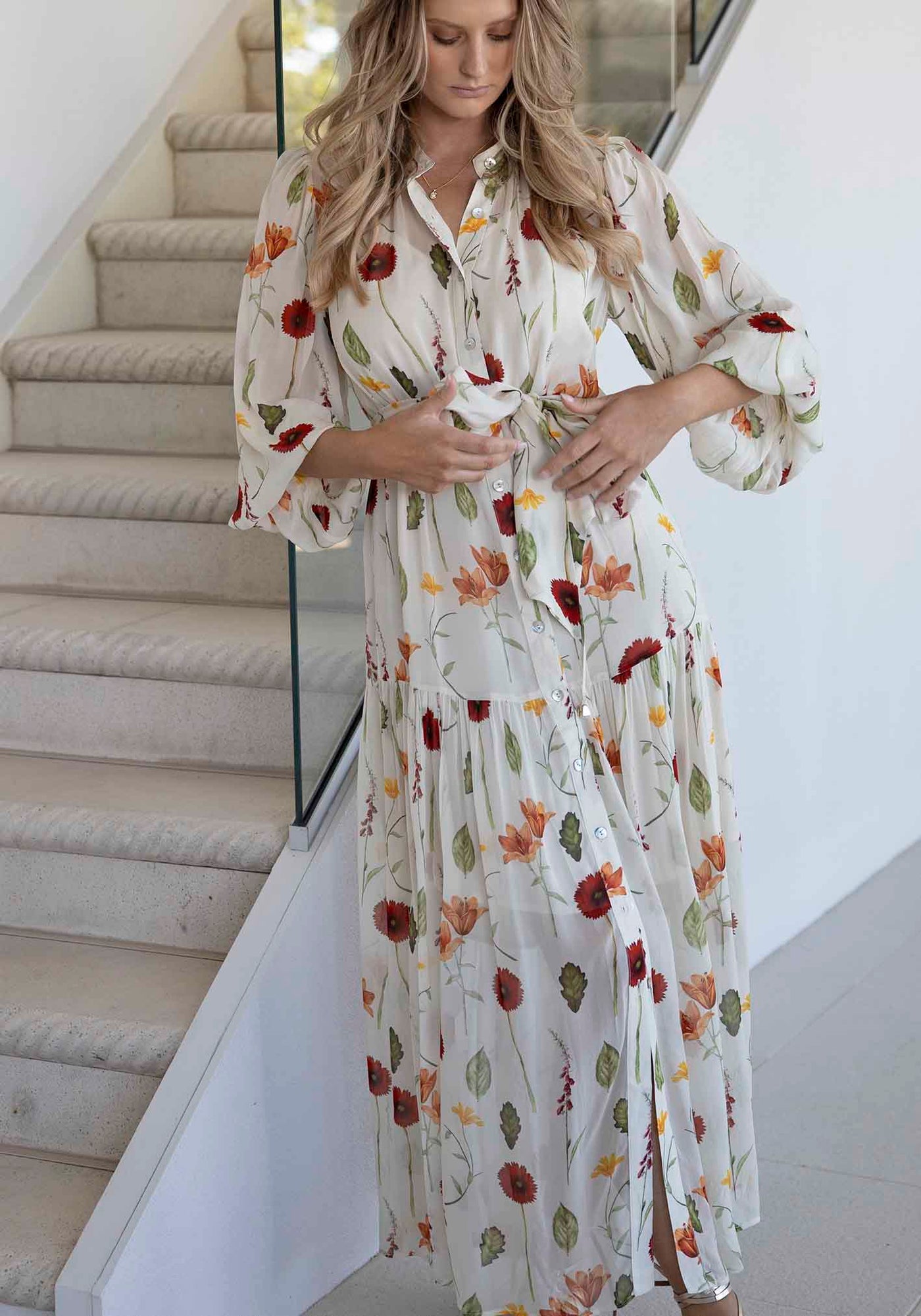 Perennial Floral Sleeve Button Through Maxi Dress