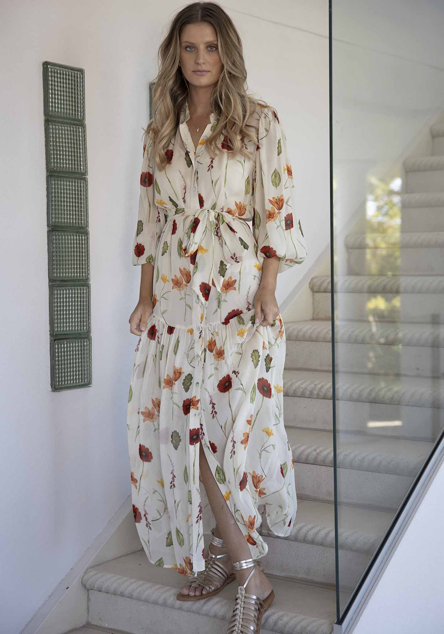 Perennial Floral Sleeve Button Through Maxi Dress