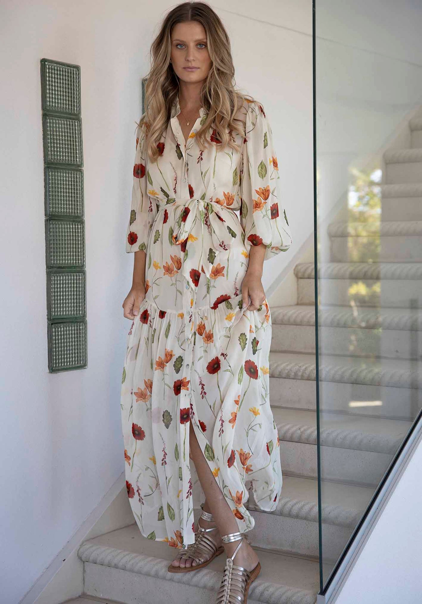 Perennial Floral Sleeve Button Through Maxi Dress