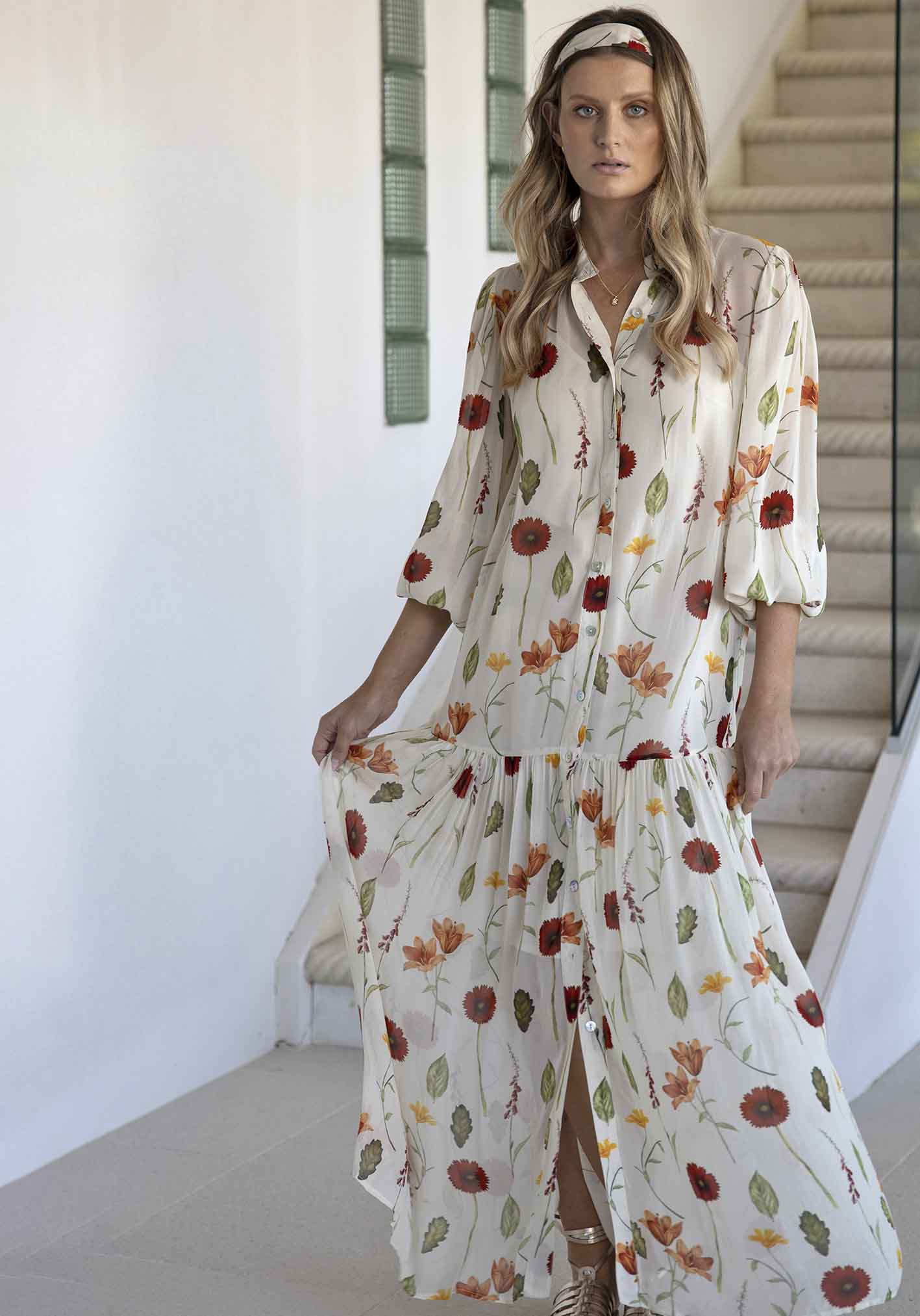 Perennial Floral Sleeve Button Through Maxi Dress