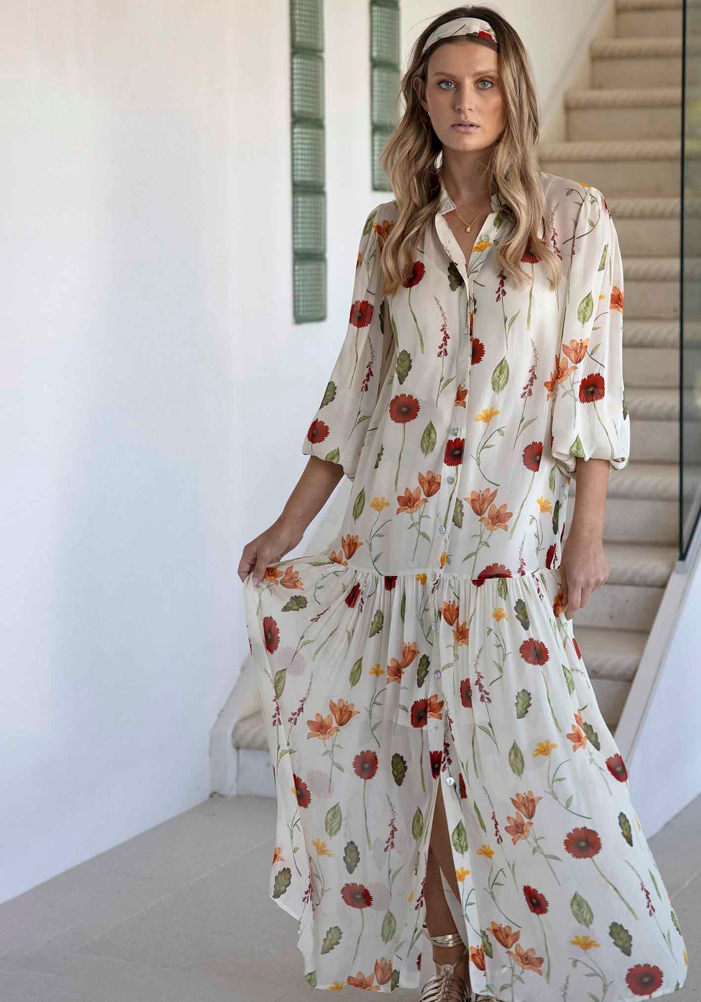 Perennial Floral Sleeve Button Through Maxi Dress