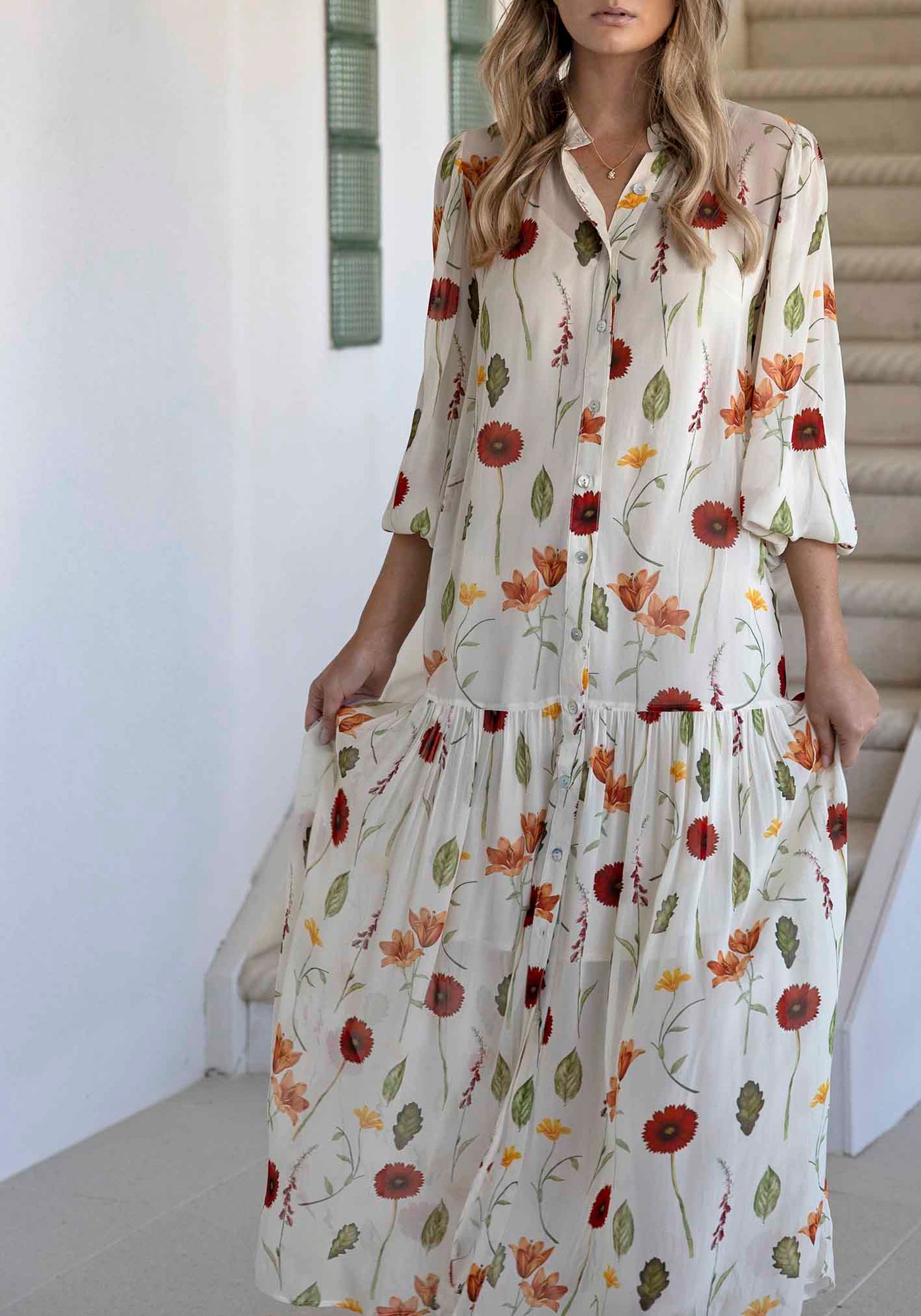 Perennial Floral Sleeve Button Through Maxi Dress