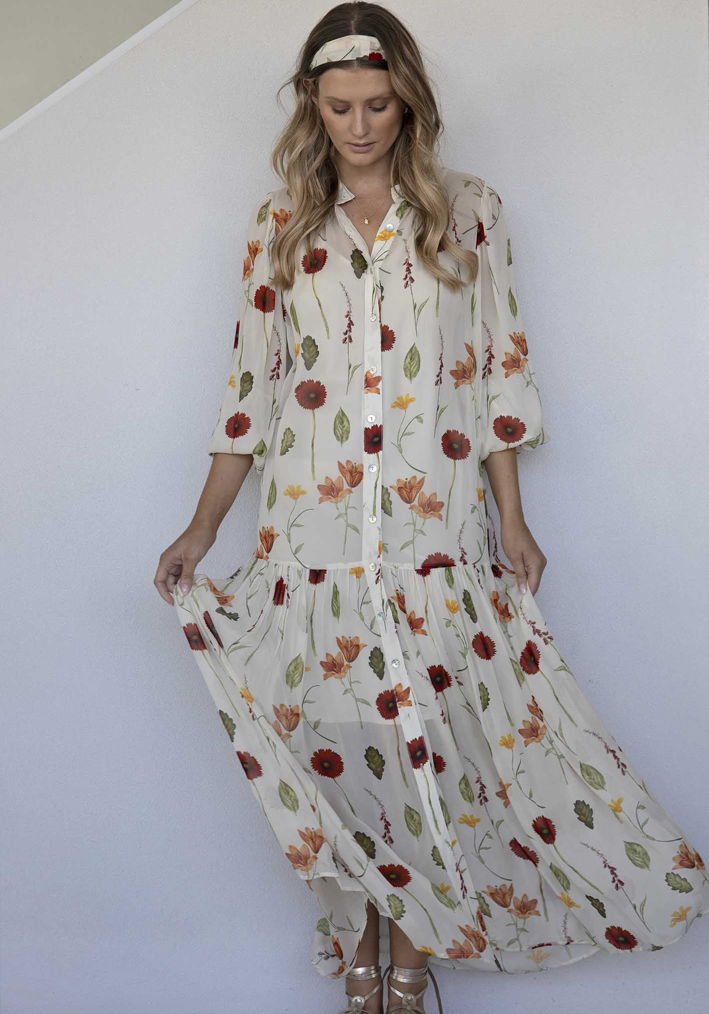 Perennial Floral Sleeve Button Through Maxi Dress