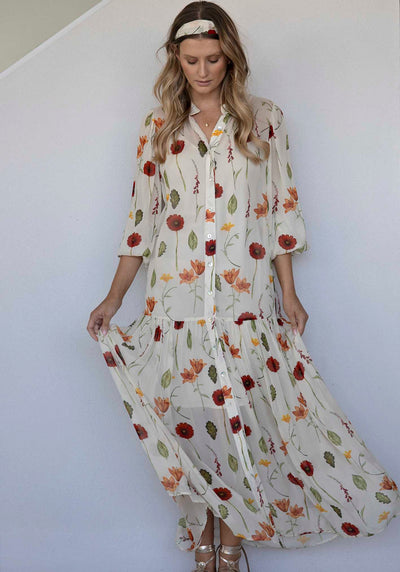 Perennial Floral Sleeve Button Through Maxi Dress