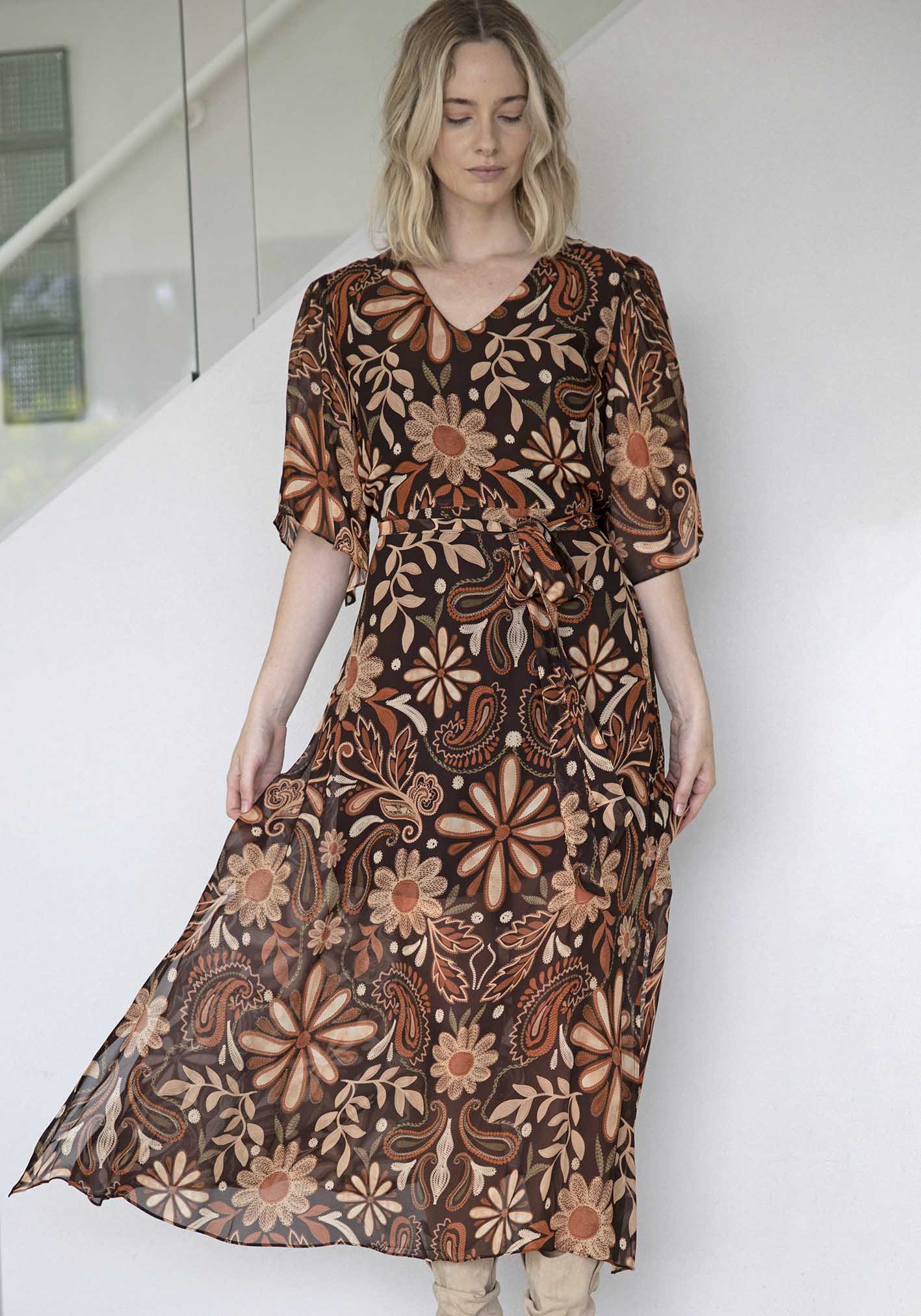 Elixir Chocolate Floral Maxi Dress