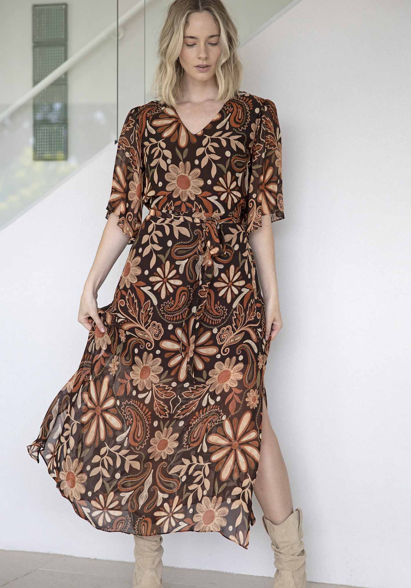 Elixir Chocolate Floral Maxi Dress
