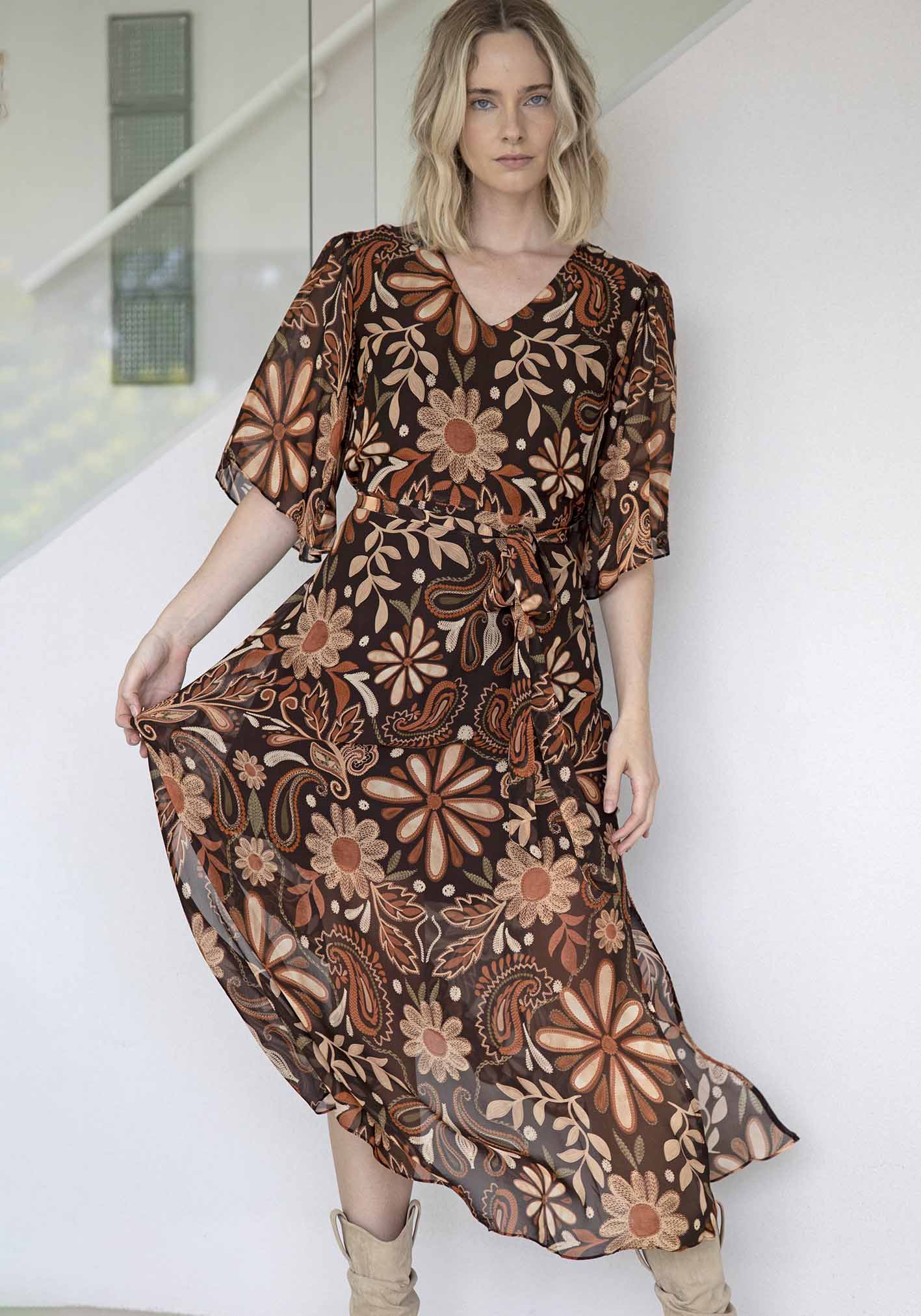 Elixir Chocolate Floral Maxi Dress