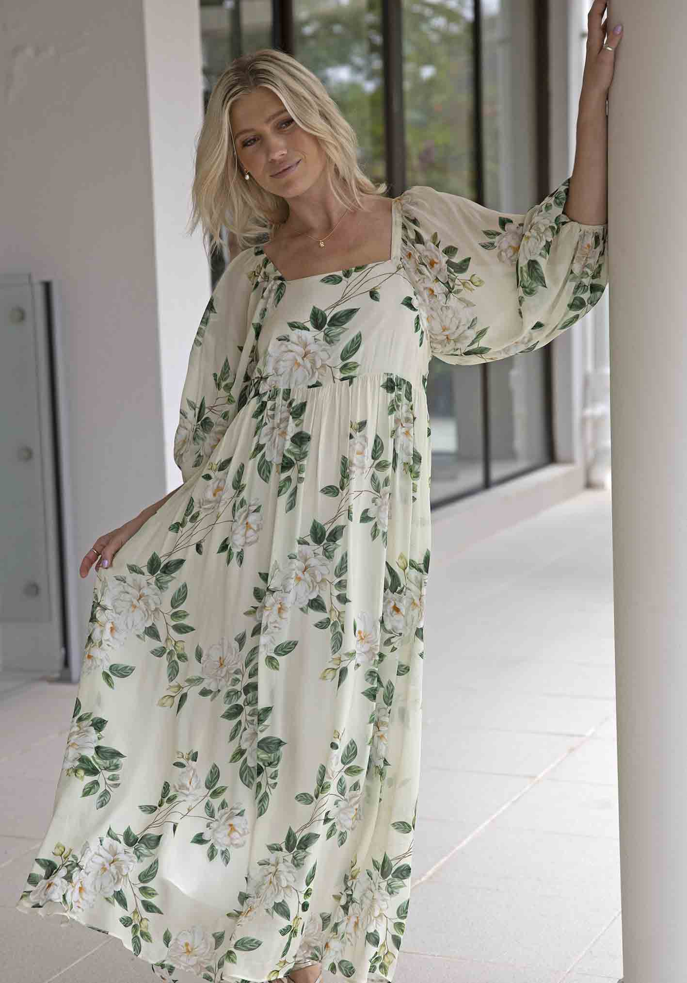 Eternal Floral Sleeve Maxi Dress — Soft Mint