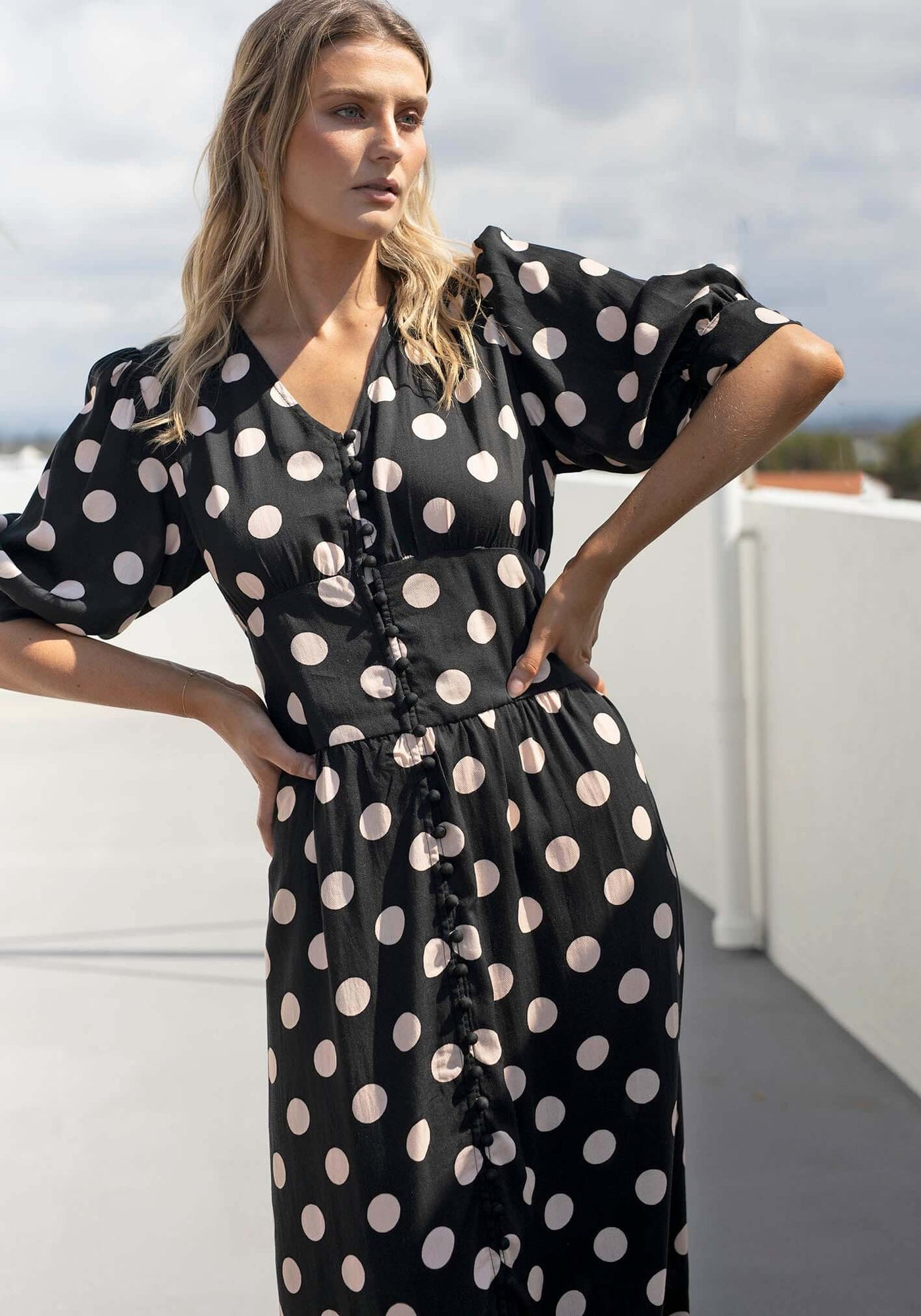 Evertime Polka Dot Button Through Midi Dress