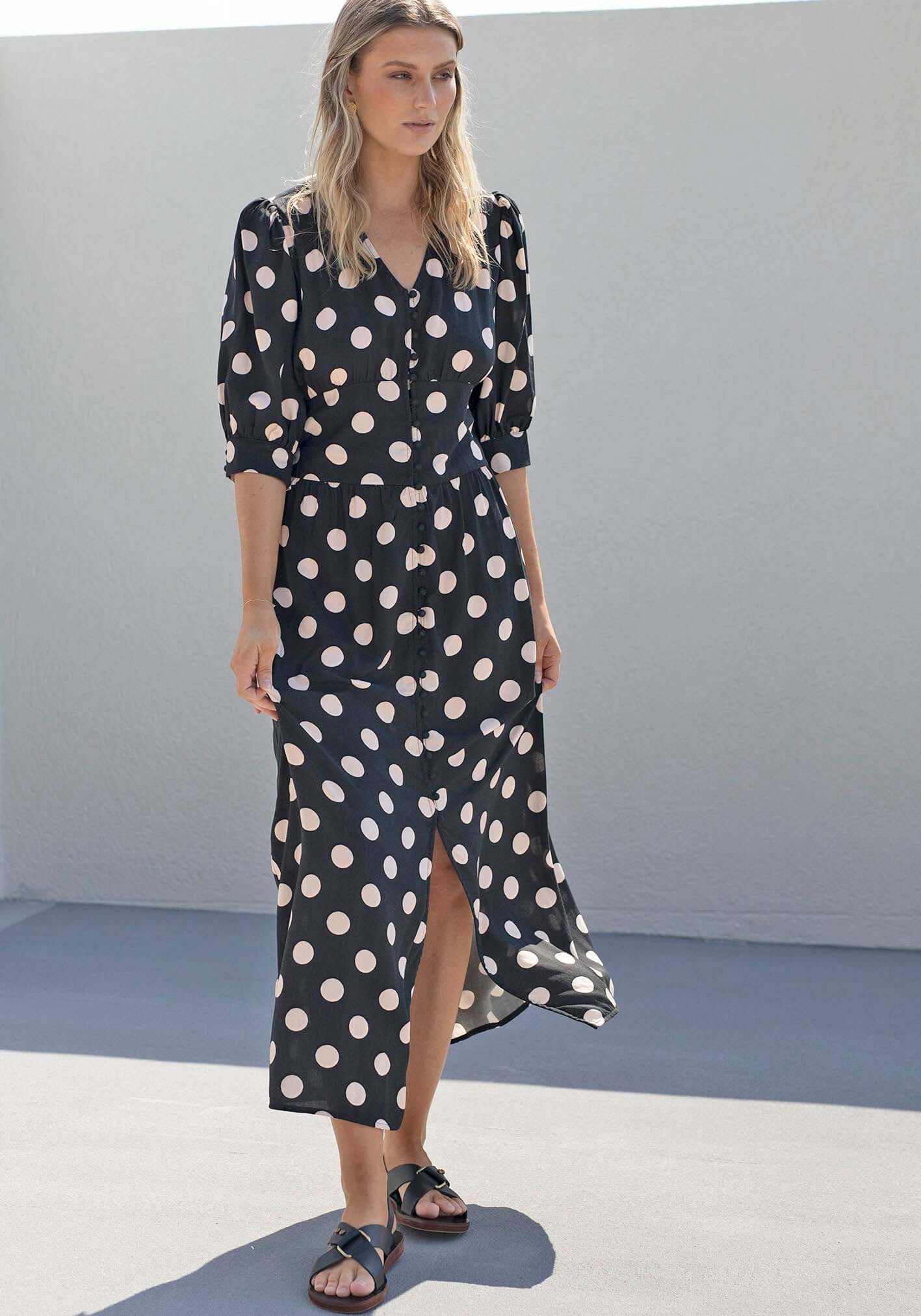 Evertime Polka Dot Button Through Midi Dress