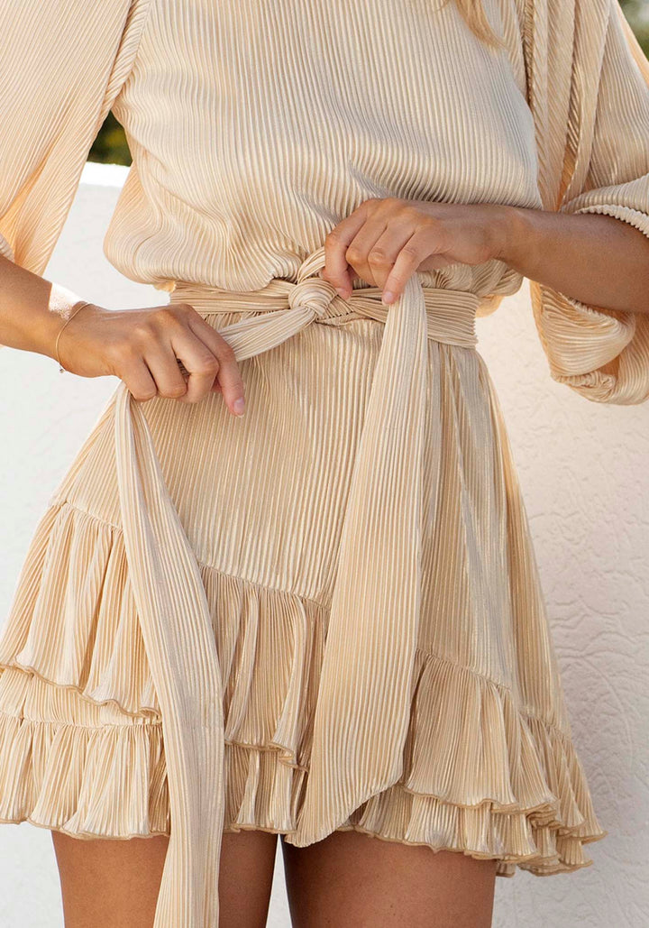 antique wish mini dress Galaxy Gold Pleated Mini Dress