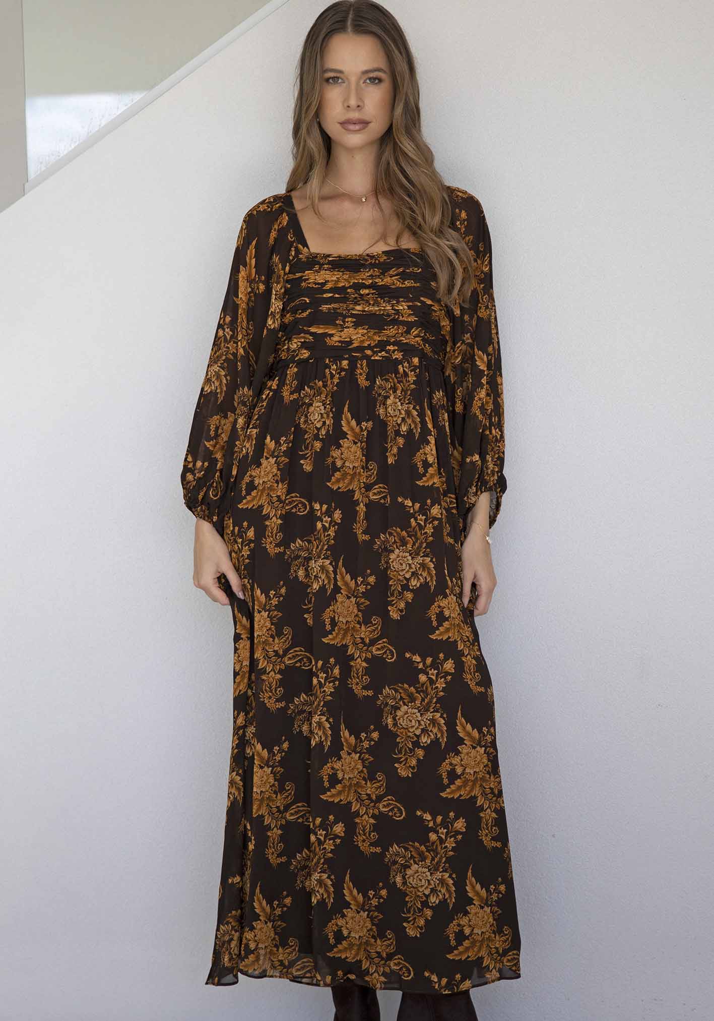 Golden Dawn Floral Sleeve Maxi Dress