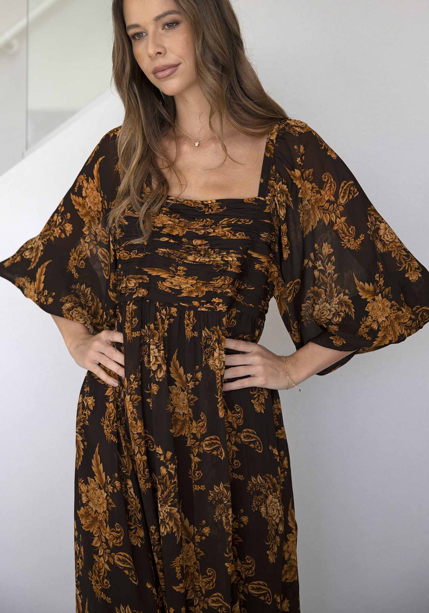 Golden Dawn Floral Sleeve Maxi Dress