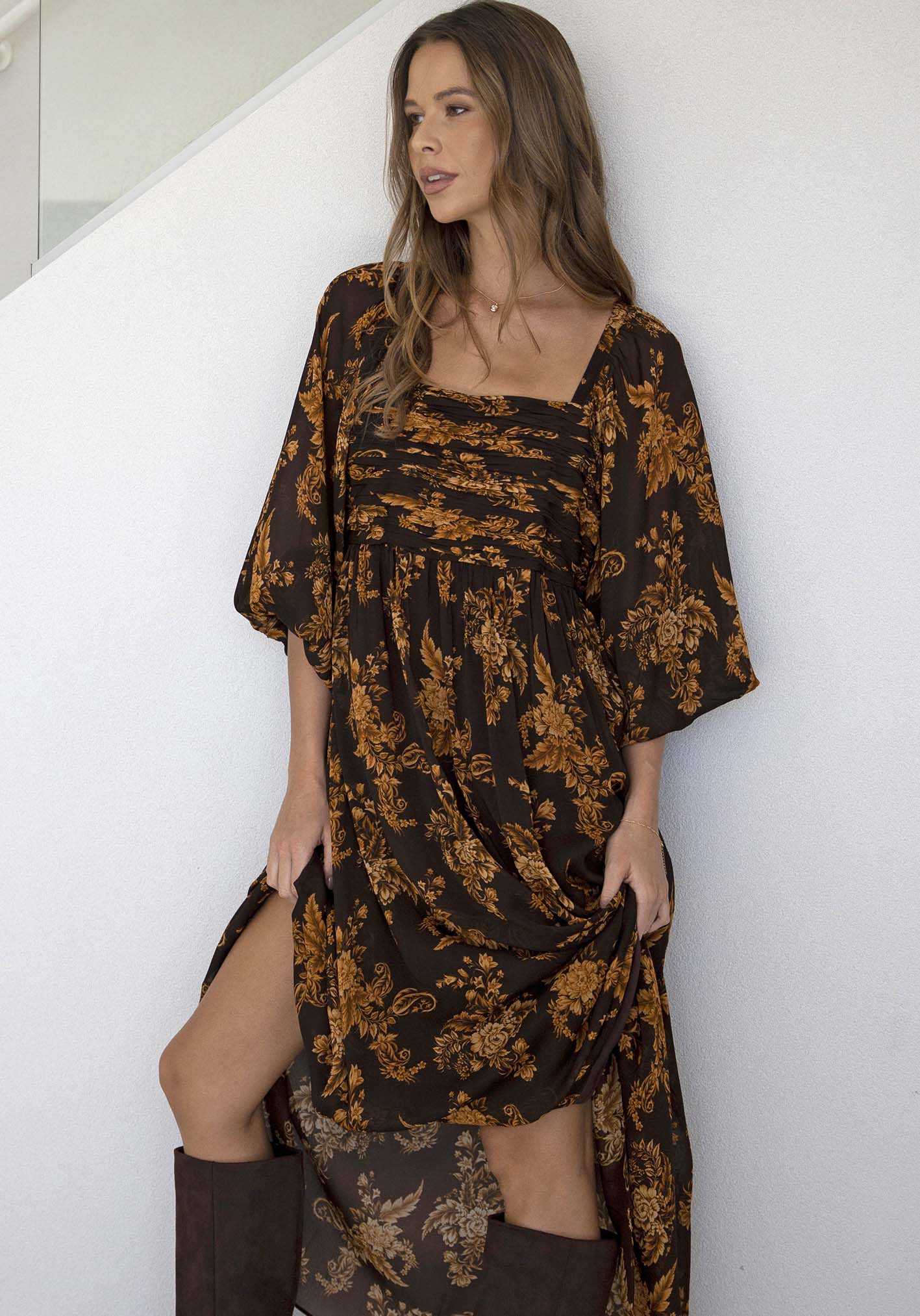 Golden Dawn Floral Sleeve Maxi Dress