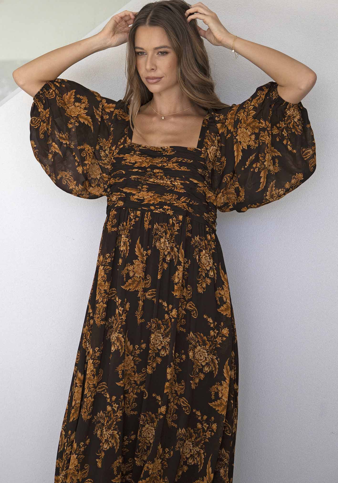 Golden Dawn Floral Sleeve Maxi Dress